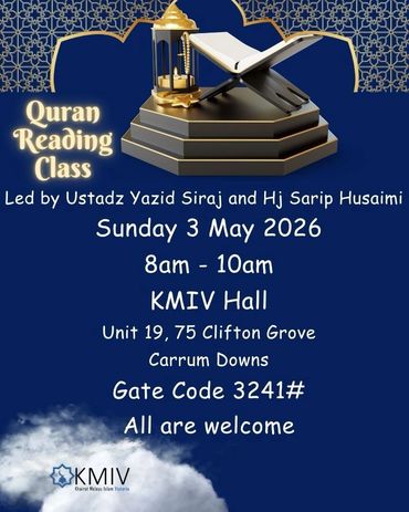 Announcement for Quran Reading Class on May 3, 2026, at KMIV Hall.