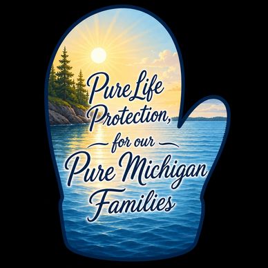 Mitten-shaped logo with scenic lake and sun, promoting life protection for Michigan families.