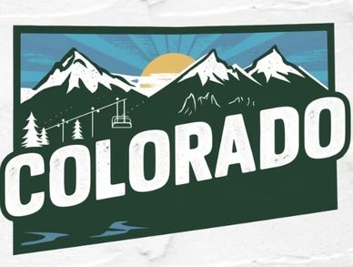 Graphic design of Colorado mountains with ski lift and sun.