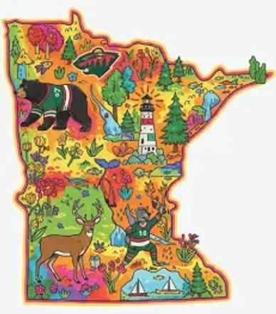 Colorful illustrated map of Minnesota with animals and landmarks.