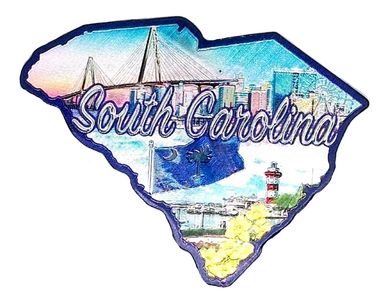 South Carolina state-shaped magnet with iconic landmarks and flag.