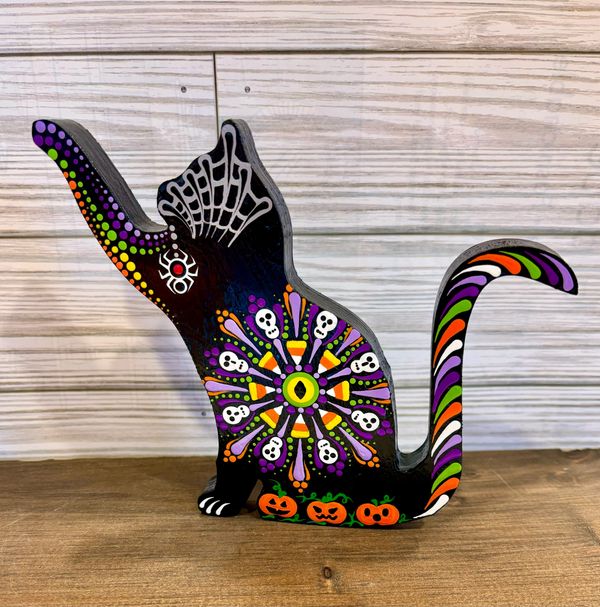 Mandala black cat, Halloween decor, candy corn, dotting art, Thousand Oaks, painting classes