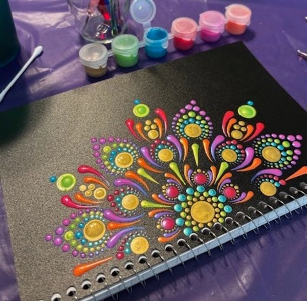 Adult art classes near me, mandala. garden whimsy, dot painting, local artist