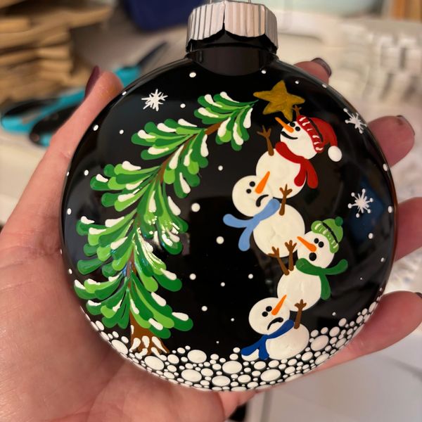 snowmen, Christmas tree, ornament, painting classes, dot art, mandala, winter wonderland, whimsical