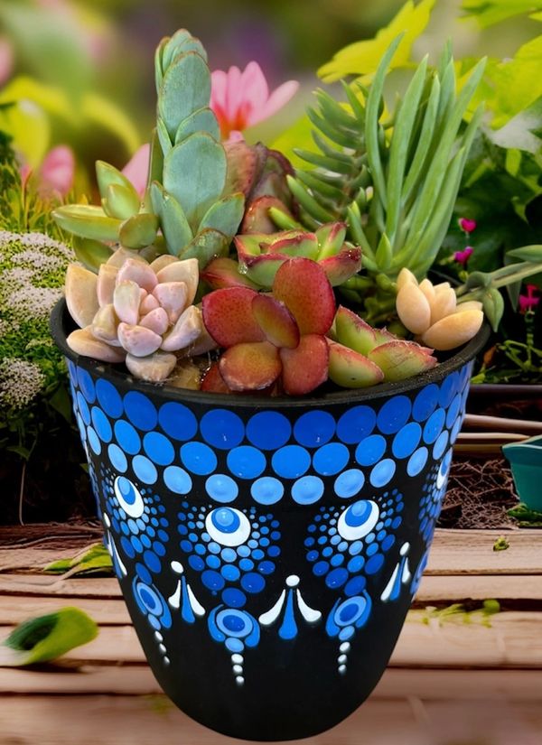 Mandala plant pot, home decor, whimsical, dotting art, Thousand Oaks, painting classes, blues