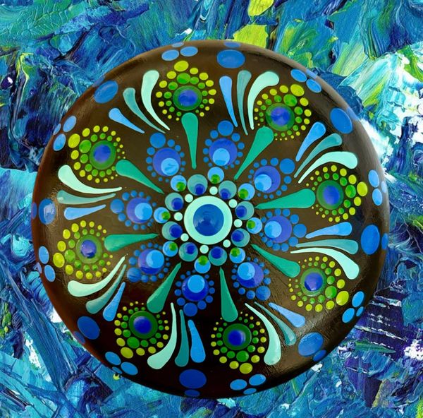 mandala stone, blues and greens, dotting art, dot art, painting classes, Thousand Oaks painting 