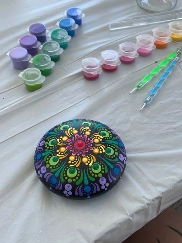 Mandala Stone Group and Private Painting Classes, Thousand Oaks, California ~ Rainbow Mandala Stone 