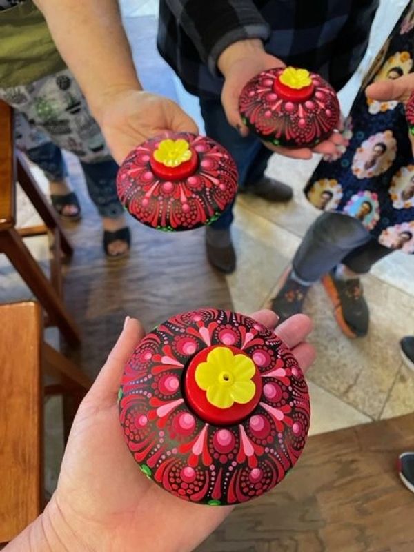 Mandala Stone Group Painting Classes, Thousand Oaks, CA ~ Red Hibiscus Mandala Hummingbird Feeder