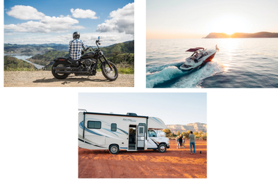 3 pictures: a boat, a RV, and a motorcycle