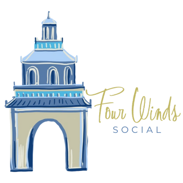 Four Winds Social logo and discount code for limited edition, artist designed mahjong mats