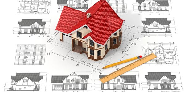 3D house model on blueprints with drawing tools.