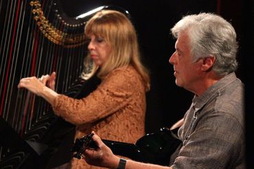 Two musicians playing harp and guitar.