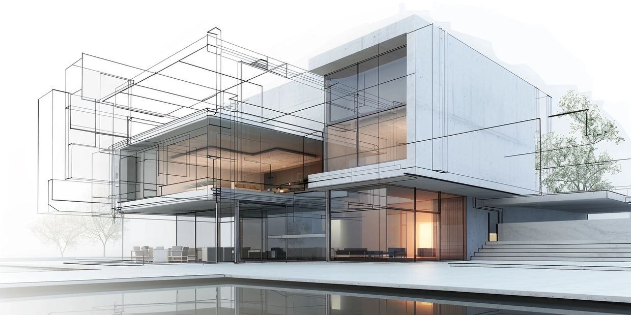 Modern architectural design blending solid structure with transparent wireframe.