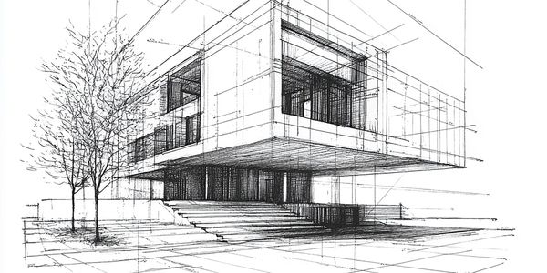 Architectural sketch of a modern cubic building with stairs and trees.