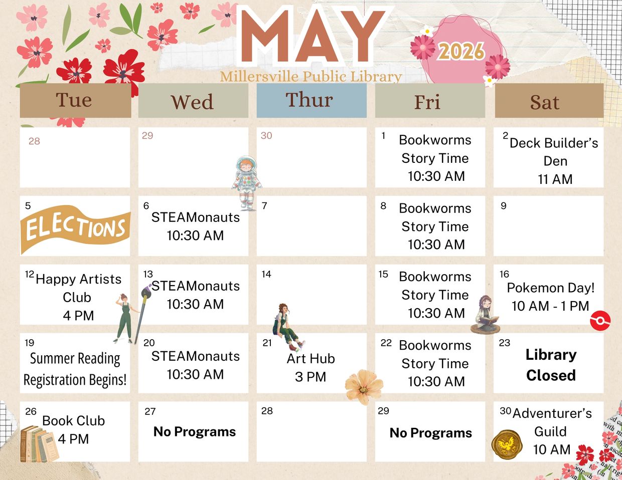 May 2026 calendar of events at Millersville Public Library with story times, clubs, and special activities.
