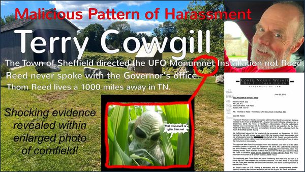 Sign about Terry Cowgill and UFO monument controversy.