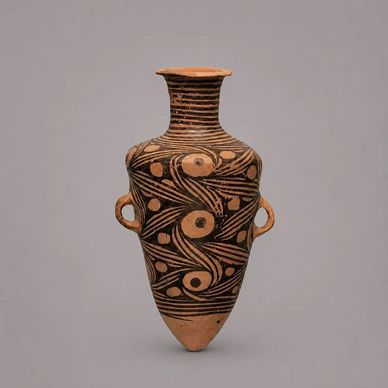 Ancient terracotta vase with intricate black geometric patterns and two small handles.