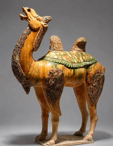 Ancient ceramic camel sculpture with two humps and detailed texture.