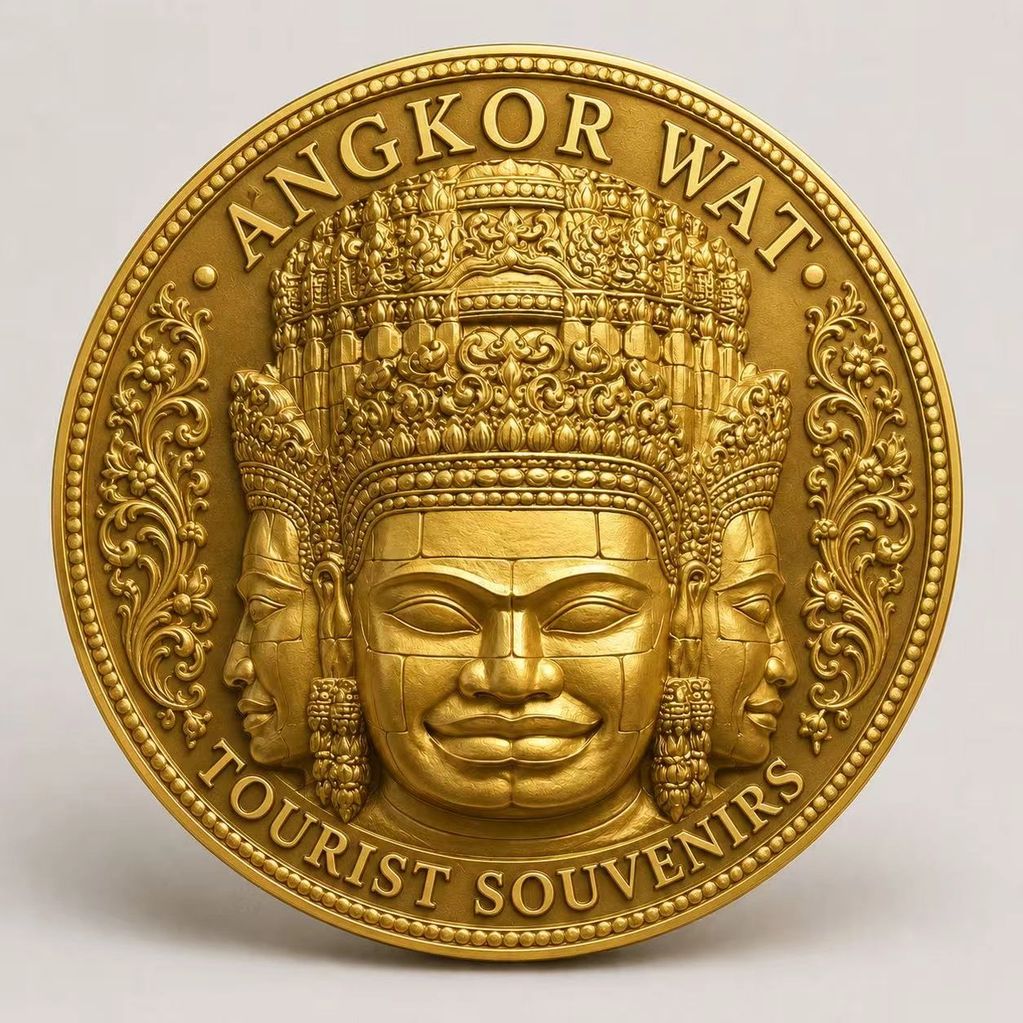 Gold souvenir coin featuring Angkor Wat three-faced sculpture.
