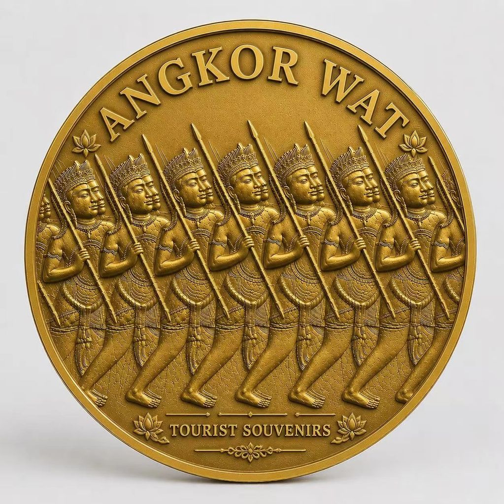 Golden commemorative coin featuring Angkor Wat dancers with spears.