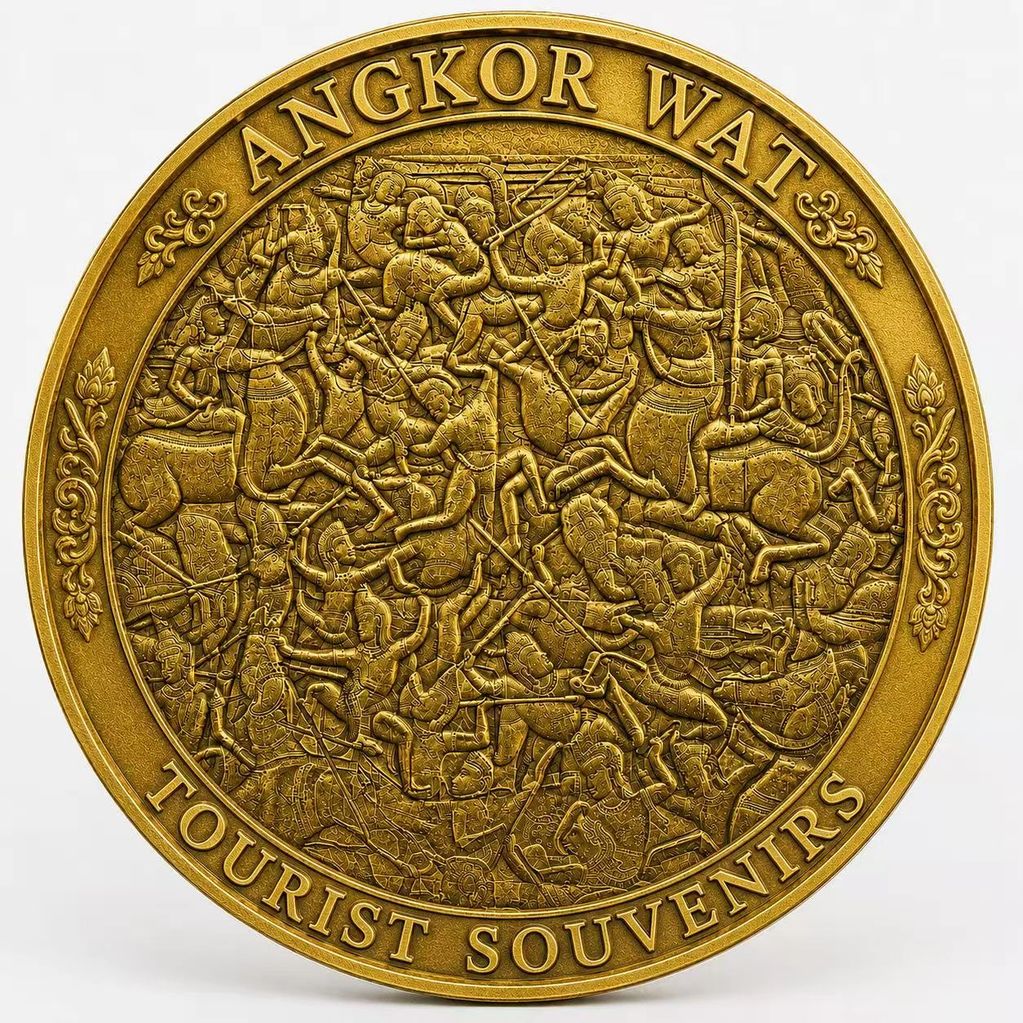 Golden Angkor Wat souvenir coin with intricate bas-relief design.