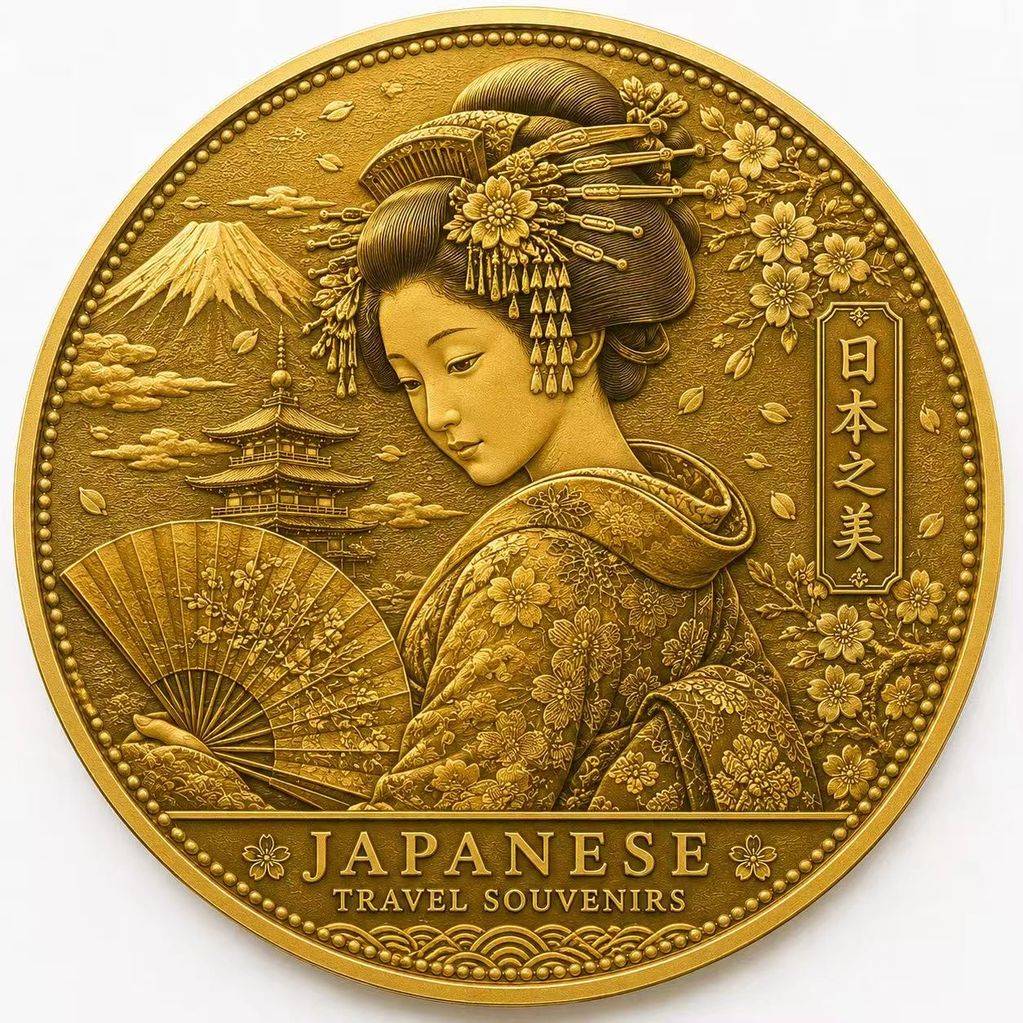 Gold coin featuring a Japanese woman in traditional attire with Mount Fuji and a pagoda.
