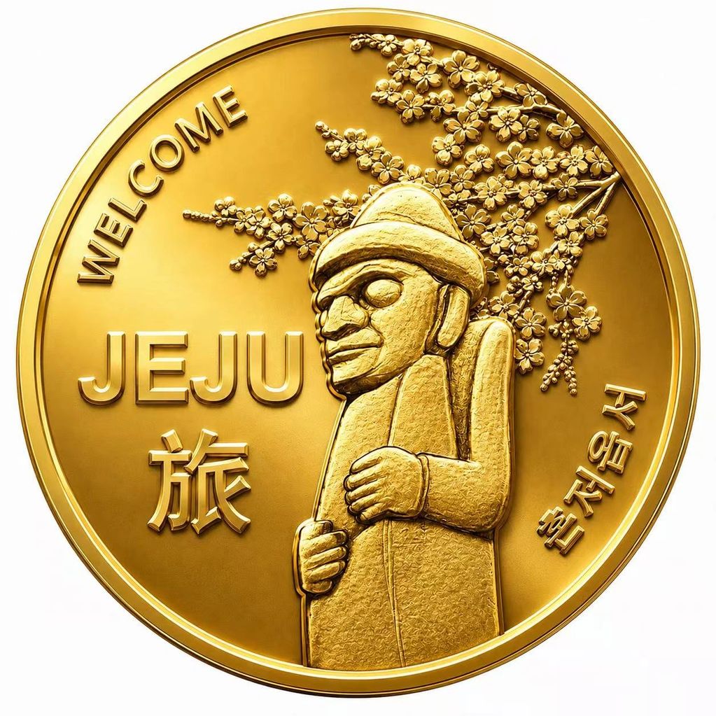 Gold coin featuring a traditional Jeju stone statue and cherry blossoms.