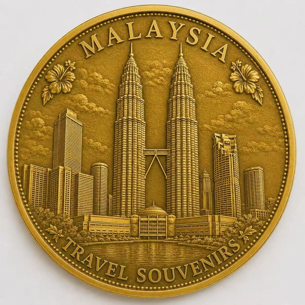 Gold-colored souvenir coin featuring Malaysia's iconic Petronas Towers.