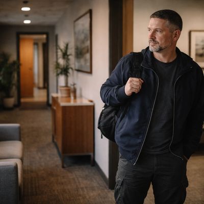 Man standing in a hallway, holding a backpack and looking to the side.
