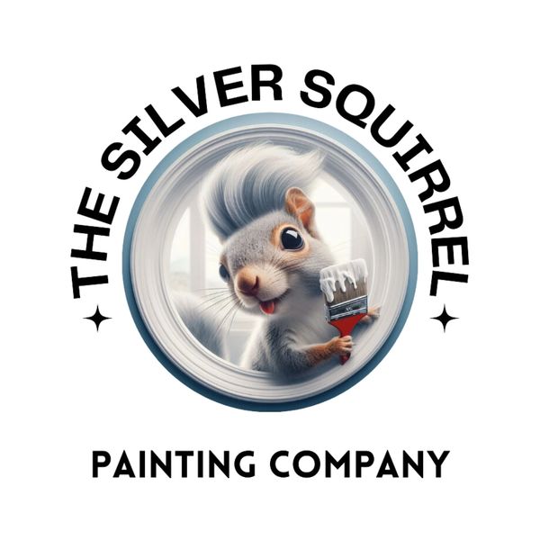 Silver Squirrel Painting logo. Cartoon squirrel holding a paint brush.