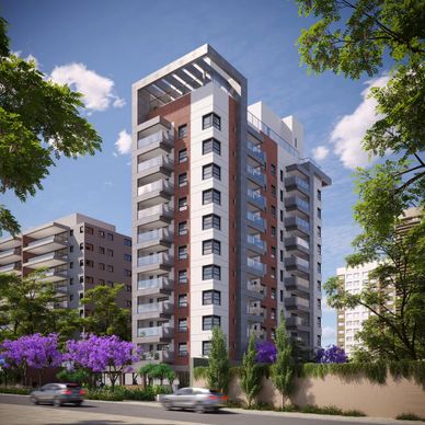 Modern high-rise residential building with balconies and greenery.