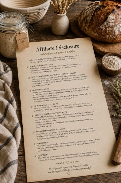 A rustic setup with a bread loaf, sourdough starter, and an affiliate disclosure document.