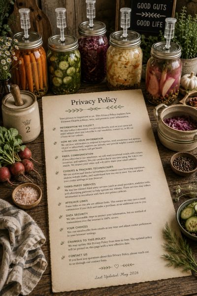 A rustic table with jars of pickled vegetables and a printed privacy policy.