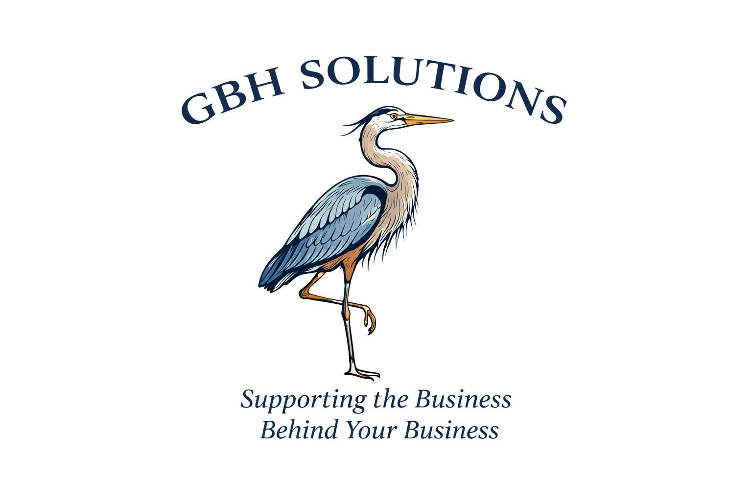 Logo with a heron and the text 'GBH Solutions'.