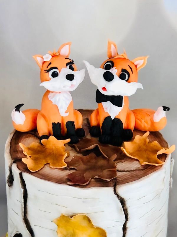 2 Tier Birch Tree Wedding cake with handmade Mr & Mrs Fox fondant cake topper and fondant leaves