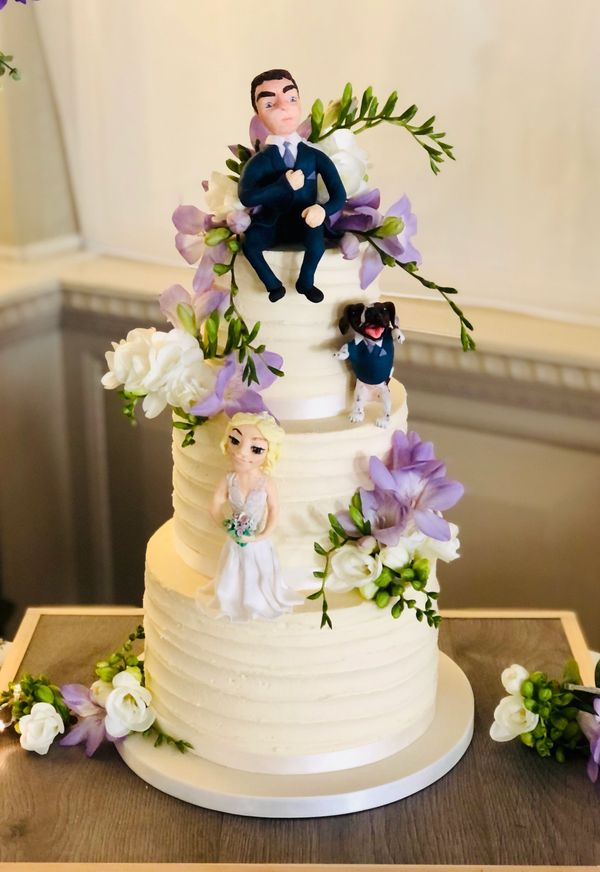 3 Tier ustic buttercream wedding cake with handmade Bride & Groom and dog figures