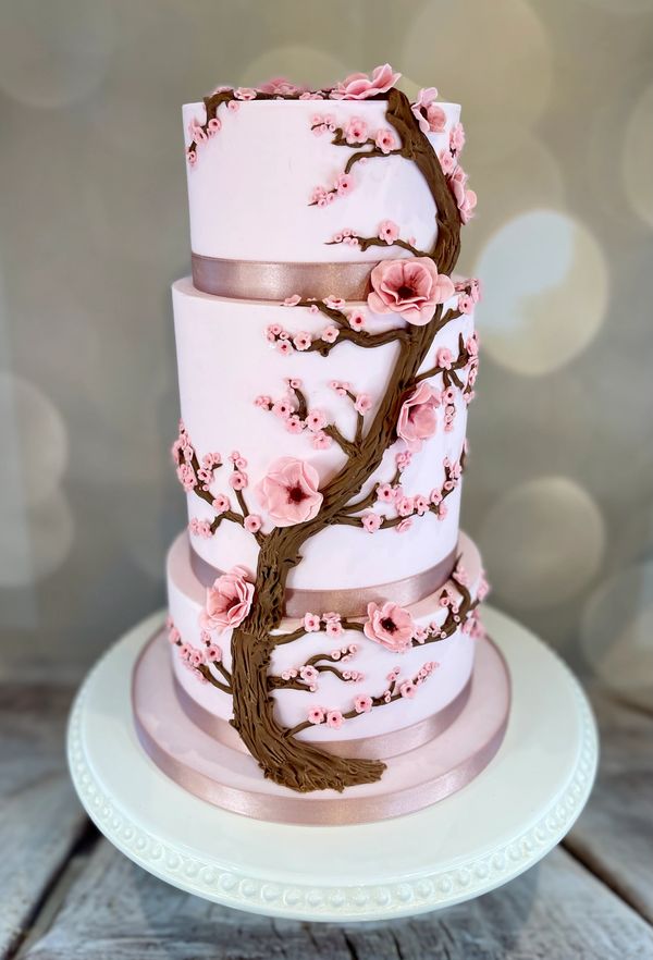 Cherry Blossom Tree wedding Cake - 3 tier pink fondant wedding cake with chocolate cherry tree