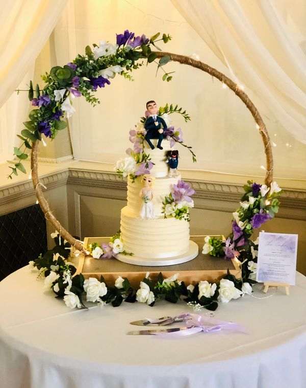 3 Tier ustic buttercream wedding cake with handmade Bride & Groom and dog figures