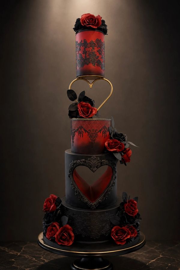 Tall gothic wedding cake with crimson and black fonda edible lace and  silk roses