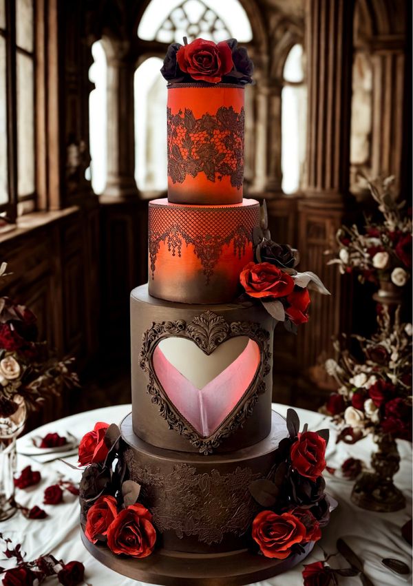4 tier Gothic black and red wedding cake, alternative wedding