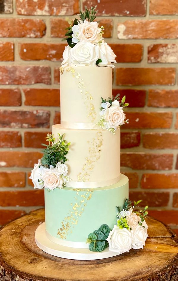 Sage & Ivory 3 tier wedding cake with edible gold leaf and silk flowers