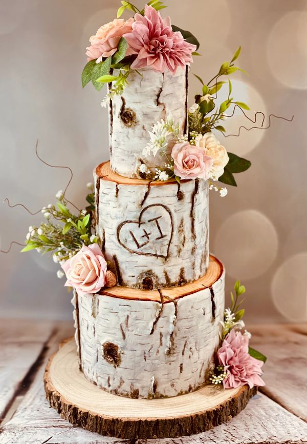 3 tier Silver birch tree wedding cake, carved initials in heart, enchanted forest, rustic woodland