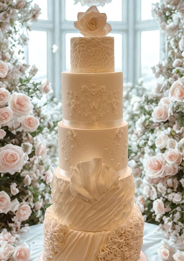 Elegant 5 tier white wedding cake with ruffles and stencilling