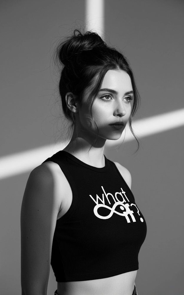 Black and white portrait of a woman with a thoughtful expression and a 'what if?' tank top.