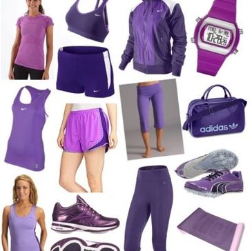 Collection of purple athletic wear and accessories for women.