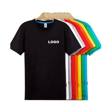 A set of plain T-shirts in various colors with a logo on the black one.