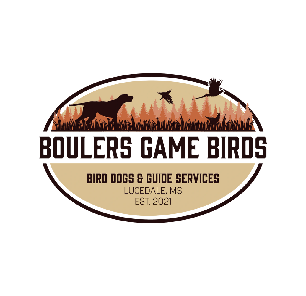 Logo for Boulers Game Birds featuring a hunting dog and flying birds.