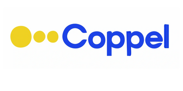 Logo of Coppel retail company with yellow circles and blue text.