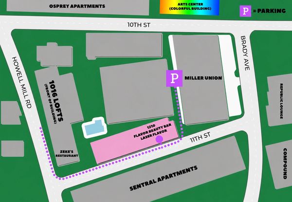 Map showing parking and locations near Flavor Beauty Bar at 1210 11th St.
