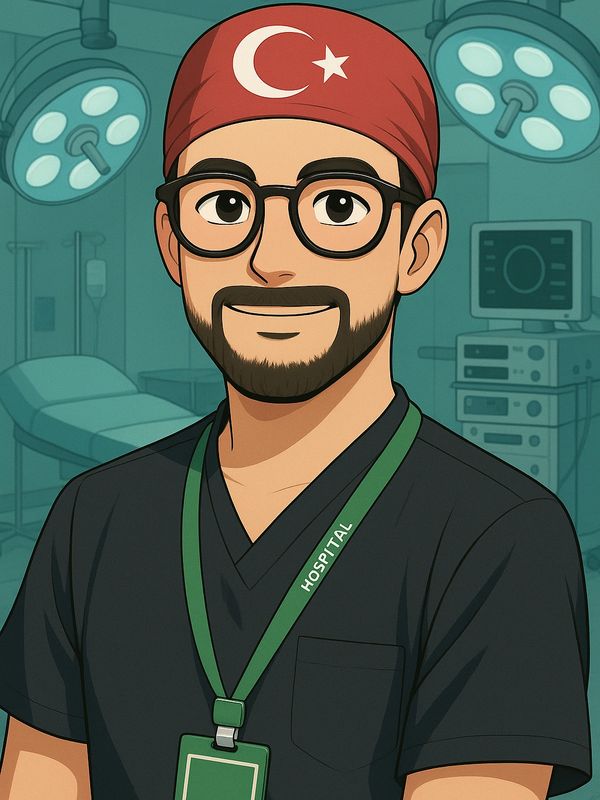 Cartoon doctor in hospital scrubs and Turkish flag cap.